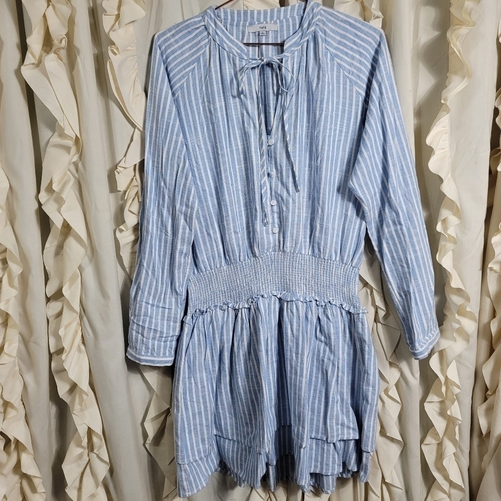FATE Linen Blend Striped Dress Large Smocked Button Front Long Sleeves - Picture 2 of 9